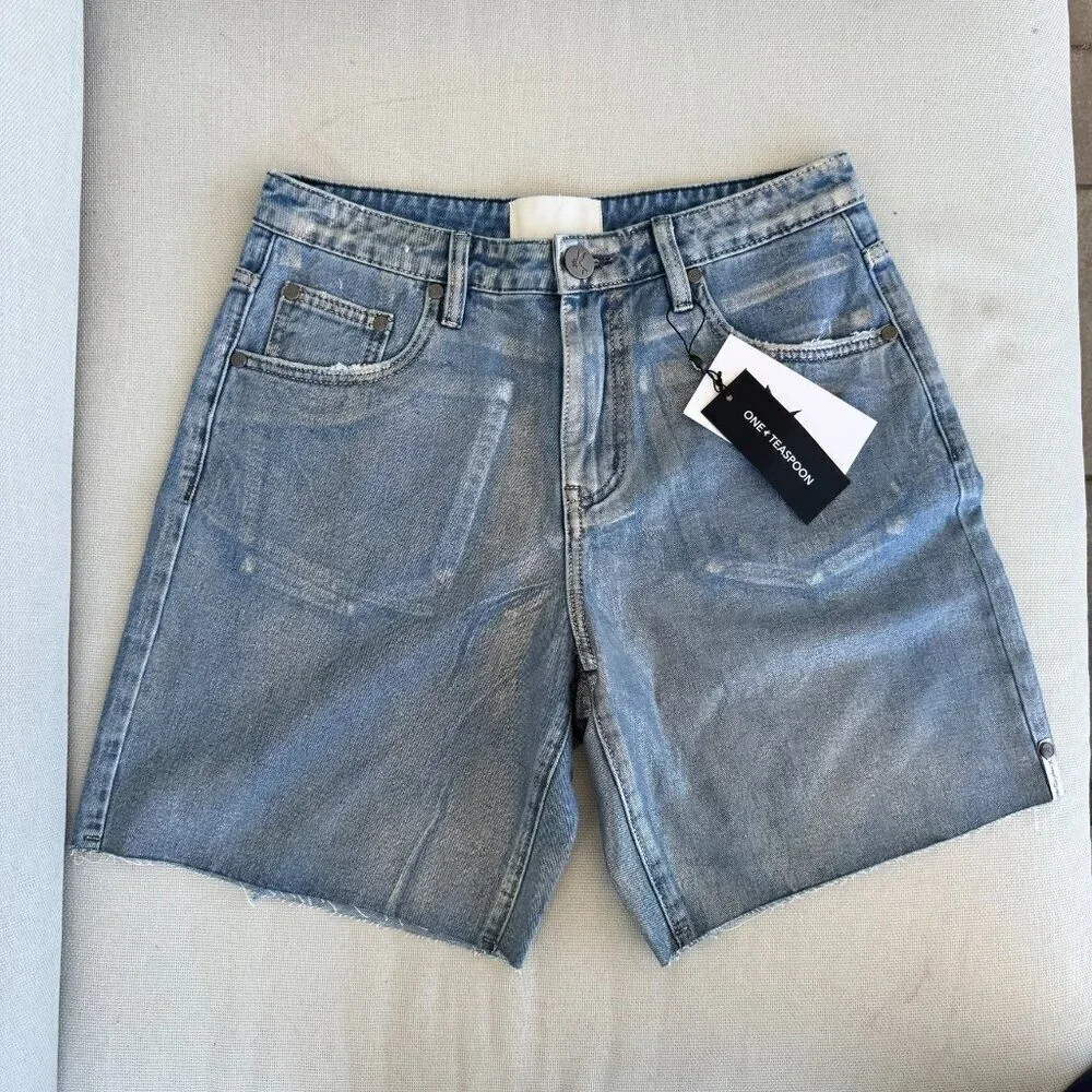 NWT One Teaspoon Jackson Long Jean Shorts in Metal Blue 27